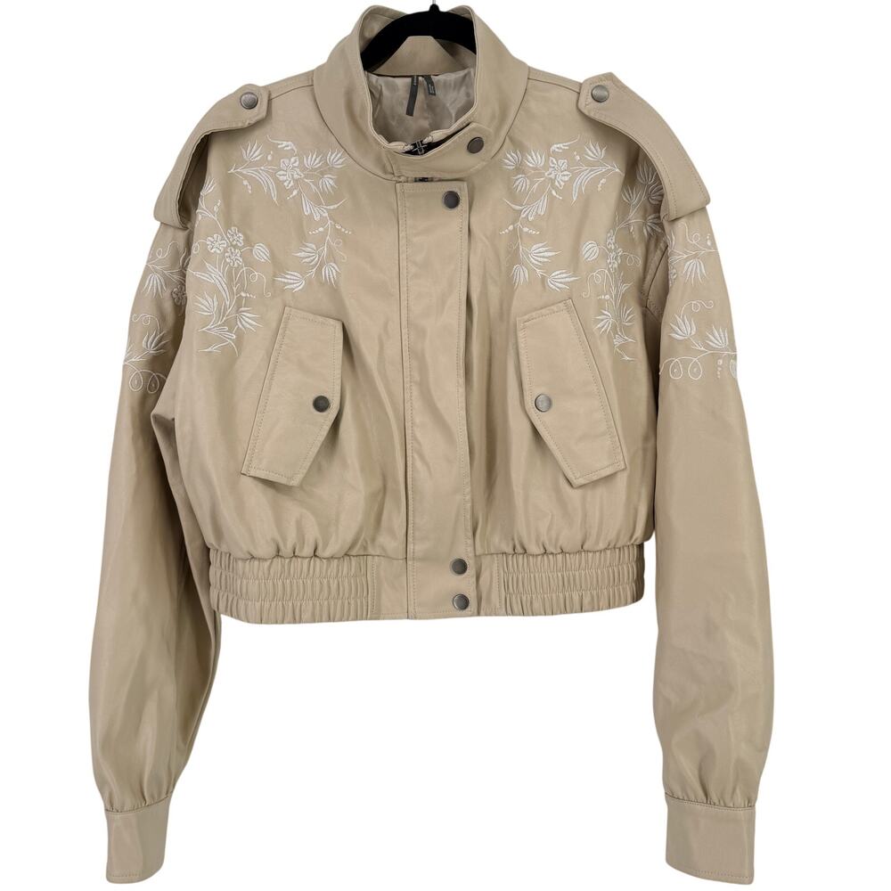 By Anthropologie Faux Leather Floral Embroidered Moto Jacket Sz M Cropped - Picture 2 of 10